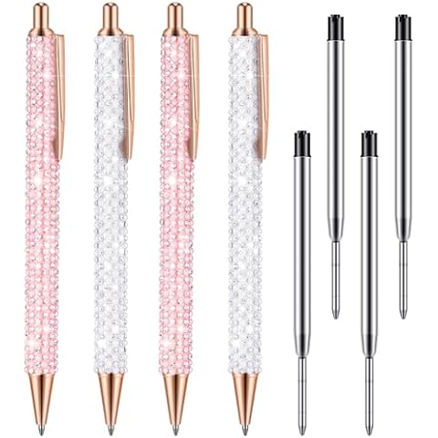 Ireer 4 Pcs Bling Pen Rhinestone Pen Sparkly Pens for Women Diamond Ink Pens Crystal Glitter Metal Ballpoint Bedazzled Pen Fancy Pen 4 Pcs 1.0mm Pen Refills(Pink, White) Cover