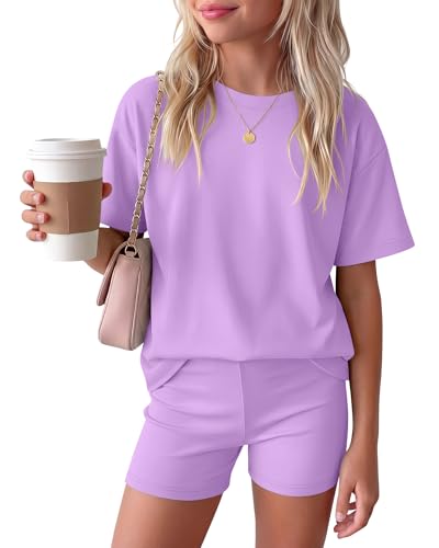 Image of Oakgarden Summer Outfits for Girls 5-14Y Athletic Casual Sets Kid Short Sleeve Shirt Bike Shorts 2 Piece Tween Trendy Clothes