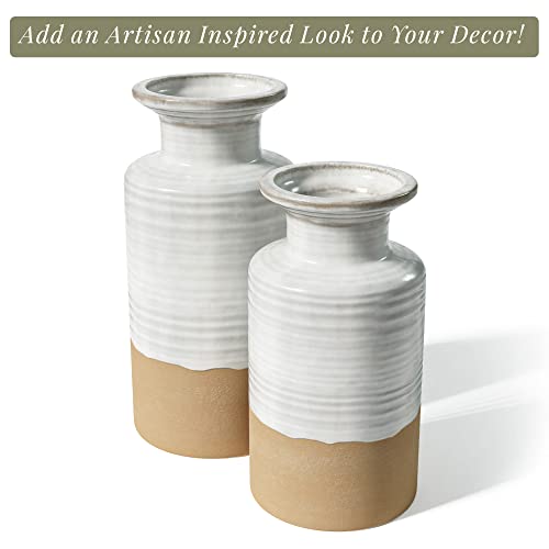 Barnyard Designs Stoneware Vase Set, Farmhouse Ceramic Vases Home Decor, Neutral Home Decor For Shelves, Pottery Decorative Vases For Home Decor Farmhouse, White Vases, Ivory/Tan, Set Of 2, 9.25"/7.5" #TOP6
