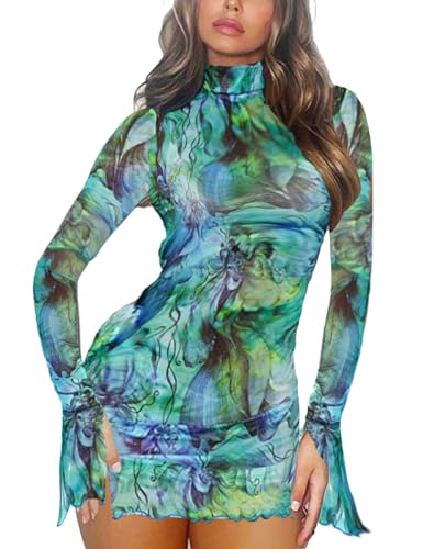 Lancifolium Women's Sexy Mock Neck Mesh See Through Bodycon Sleeveless/Long Sleeve Mini Party Dress3