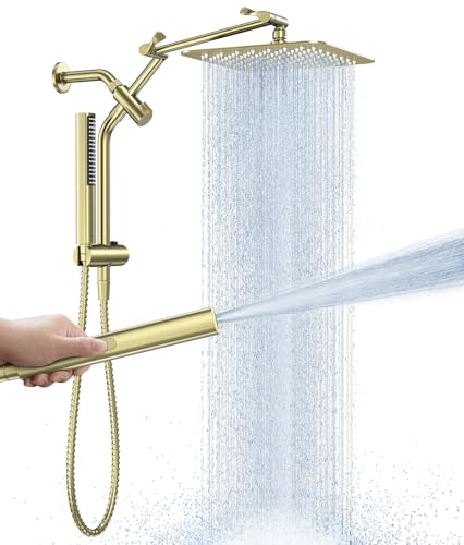 Image of Veken All Metal 10 inch Shower Head with Handheld, Luxurious Square Double Rain Shower Heads with Spray Combo, Dual High Pressure Detachable Rainfall Showerhead with Extension Arm, Long Hose,Brushed Gold