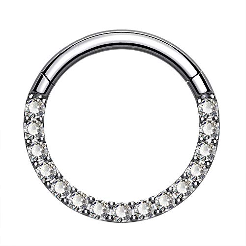 OUFER Titanium Daith Earring Hoop Solid G23 Cartilage Tragus Helix Rings 16G Titanium Septum Piercing Jewelry Hinged Segment Hoop with Clear CZ Paved titanium-8mm