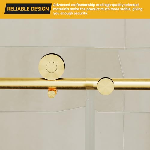 Findepot Frameless Sliding Shower Door 56-60 in W x 75 in H,Frameless Shower Door with 5/16\" (8mm) Clear Tempered Glass,Silent Soft-Close Design,Brushed Gold - Thumbnail 4