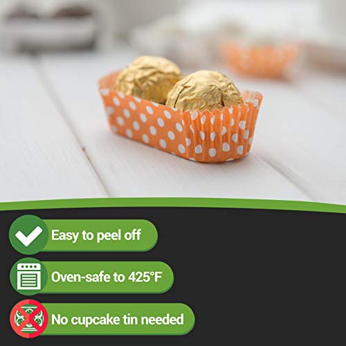 Panificio Premium 3-Inch, 1.4 Oz Baking Cups: Regular-Ridged Elliptical Paper Baking Cups Perfect For Muffins, Cupcakes Or Mini Snacks - Hot Orange Polka Dot Print Design - Disposable - 200-Ct #TOP5