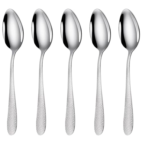 Image of 8.1 inch Hammered Sterling Silver Silverware Dinner Spoons | 5-Piece Premium Stainless Steel Flatware Set | Dishwasher Safe Cutlery Set for Home, Restaurant & Gifting