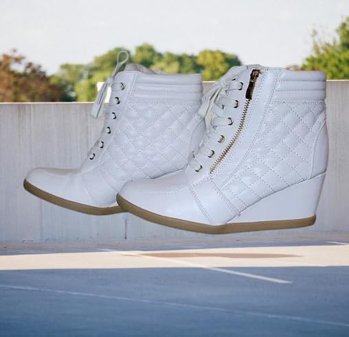 Forever Link Women's Fashion High Top Lace Up Wedge Sneaker Shoes Peggy-64 White Pu 7 - Image 3