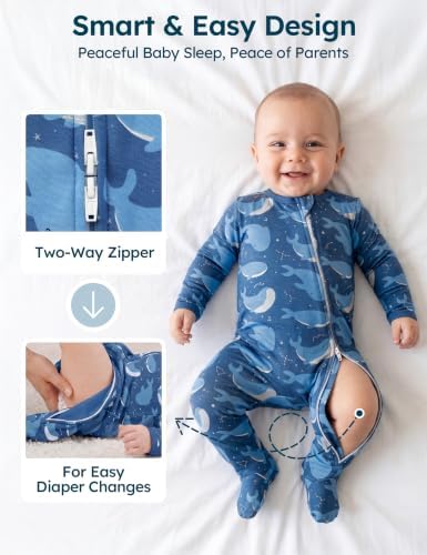 Unnivoll Baby Pajamas 100% Cotton Baby Sleepers for 3-6 Months 3Pcs Footie Pajamas Baby Boys Girls Clothes, Soft Infant Footed PJs with Mitten Cuffs, Two Way Zipper, Long Sleeve — view 2