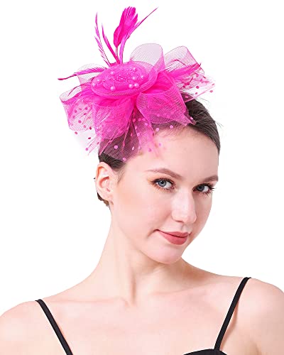Fascinators Hats Flower Hair Clip Feathers Tea Party Wedding Derby Cocktail Mesh Pillbox Headwear For Women-Hot Pink-01 #TOP8