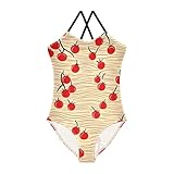 isaoa costume da bagno intero da bambina, con motivo a onde, rosso ciliegia, costume da bagno da spiaggia con spalline regolabili, 3-10 anni, motivo a onde di ciliegie rosse, 3 anni