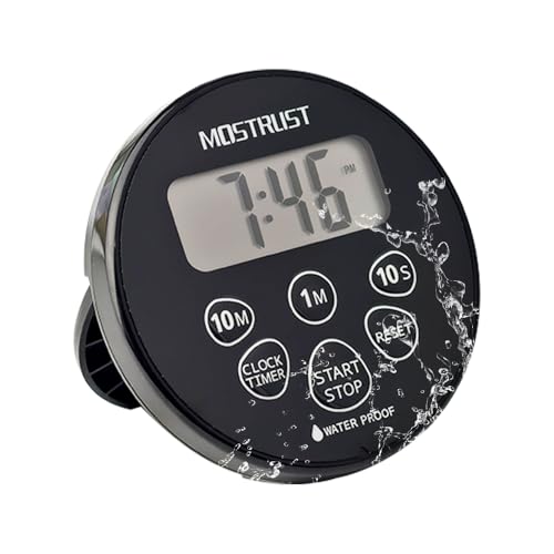 MOSTRUST Digital Waterproof Shower Clock Timer, Bathroom Kitchen Countdown Cooking Timer with Alarm, Magnetic Back, Stand Dark Black