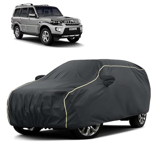 Image of Sulfar 100% Water Resistant Car Body Cover Compatible with Mirror for Mahindra Scorpio (Triple Stitched, Full Bottom Elastic, Dark Grey Taffeta with Yellow Piping)