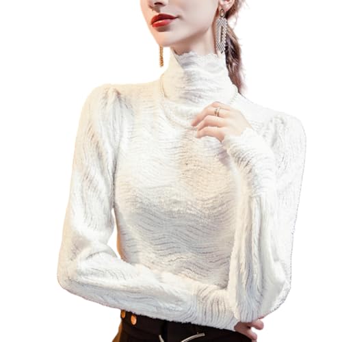 Image of Womens Fall Knit Sweaters Turtleneck Soft Puff Long Sleeve Shirts Solid Sweaters Trendy Ribbed Knit Pullover Tops (White,Small)