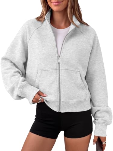 Image of Trendy Queen Womens Zip Up Cropped Hoodies Mock Neck Sweatshirts Y2K 2026 Grey L