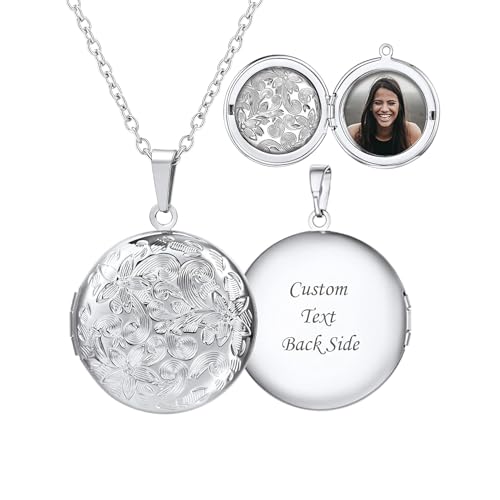 U7 Locket Necklace for Women, Silver/Gold/Rose Gold Custom Photo Text Necklaces, Flower Heart/Round Shape Personalized Picture Pendant Necklace 18 Inc