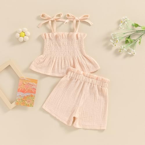 VISGOGO Infant Baby Toddler Girls Summer Clothes Solid Color Sleeveless Camisole Linen Short Set Baby Summer Outfits4