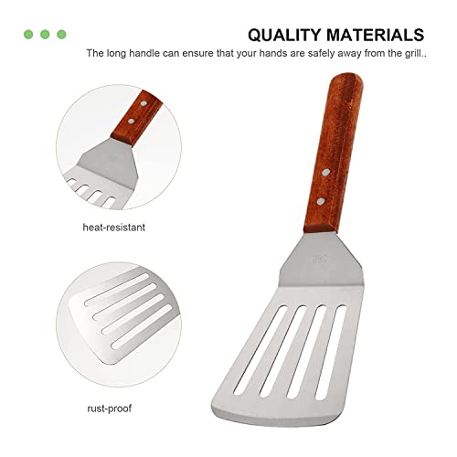 Image of Stainless Steel Slotted Spatula with Wooden Handle Hamburger Turner Fish Spatula Turner Flat Top Grill Spatula for Cooking BBQ