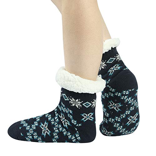 Slipper Socks Women, Sunew Womens Fuzzy Slipper Socks Warm Thick Heavy Fleece Lined Fluffy Christmas Stockings Winter Non Slip Thermal Socks Blue One Size 1 Pair