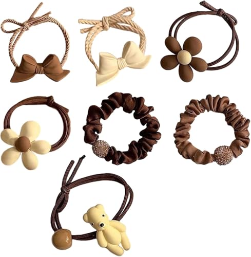 Pack Of 7 Pcs Fashion Brown Bowknot Flower style Hair band Elastic hair Bands Cute Ponytail Rope for girls women Korean Cute Flower Bow Scrunchies Set Women