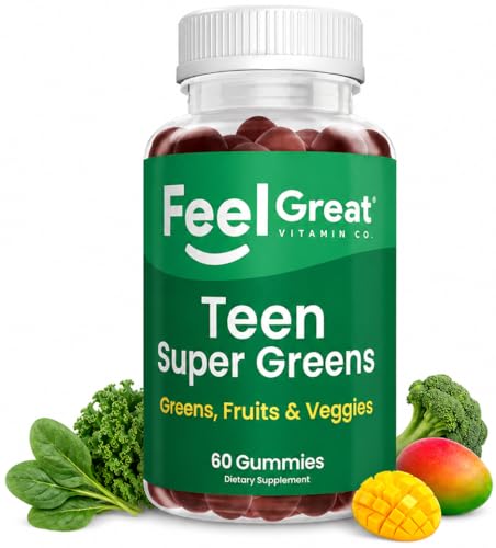 Feel Great Super Green Gummies Teen Vitamins | Vegan Veggie Gummy Multivitamin for Teens | Fruit and Vegetable Supplement | Veggie Fiber Supplement | 60 Count