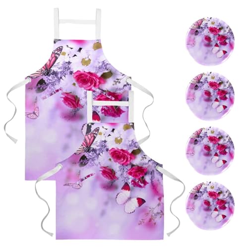 Lot de 2 tabliers papillon et roses pour cuisine et bistrot