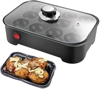 XAoSCd Sartén Eléctrica Multifunción De 12 Agujeros con Control Automático De Temperatura Y Tapa. Ideal para Desayunos, Huevos Fritos, Albóndigas De Pulpo Y Bocadillos De Hojald,