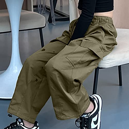 Image of Rolanko Girls Cargo Pants Wide Leg Streetwear Kids Pants with Pockets Trendy Jogger Trousers 4-14 Years