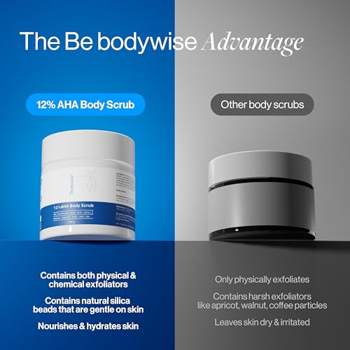 Image of Be Bodywise 12% AHA Body Scrub | Exfoliating Scrub with Glycolic Acid & Lactic Acid | Smoothens Strawberry Skin & Rough Bumps | Oat & Aloe Extract for Hydration | Vitamin E for Skin Protection | 300g
