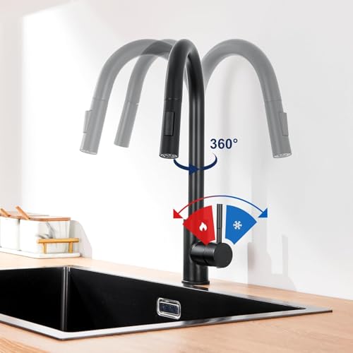 Lonheo Wasserhahn Küche Schwarz, Hochdruck Küchenarmatur Ausziehbar mit 2 Srahlarten, 360° Drehbar Mischbatterie Küche Edelstahl Spültischarmatur mit brause