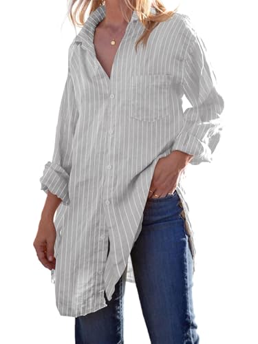 Runcati Damen Bluse mit Knopfleiste aus Leinen und Baumwolle, langärmelig, Tunika, Oberteil, lockere Strand-Bikini-Kleid, 02 Grau, Mittel
