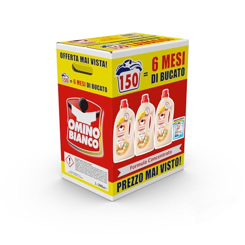 Omino Bianco - Detersivo Lavatrice Liquido, 150 Lavaggi, Rispetta Colori e Tessuti, Fresco Profumo con Essenza Cuore di Marsiglia, 2000 ml x 3 + Campione di Additivo Lavatrice Igienizzante Idrocaps
