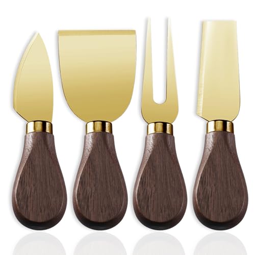 Linwnil 4-Piece Set of Stainless Steel Cheese Knives with Wood Hand, Including Cheese Slicer and Cheese Cutters, Essential Cheese Tools for the Kitchen (Walnut handle, Gold)