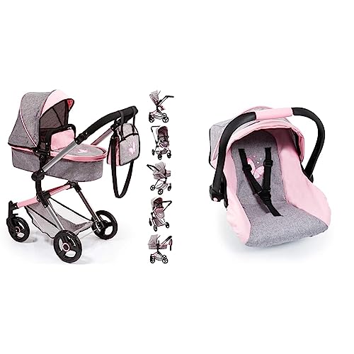 Bayer Design- Cochecito de Muñecas Neo Vario Combolso Cambiador, Convertible, Plegable, Color Vaqueros Grises, Rosa, Mariposa (18433Aa) & 67933Aa, Silla de Coche Easy Go, Accesorios,Color Rosa