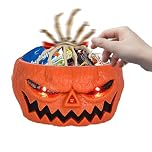 Yallmie Halloween Candy Bowl, Pumpkin Candy Dish with Moving Skeleton Hand Trick or Treat Bowl, LED Light Up Tricky Snacks Sweets Holder for Table Party Decoration Indoor