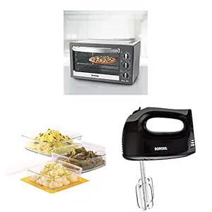 Borosil Prima 30L OTG + Smartmix BHM30PBB11 300-Watt Hand Mixer (Silver) + Square Dish with Lid and Storage Set, 3-Pieces Combo