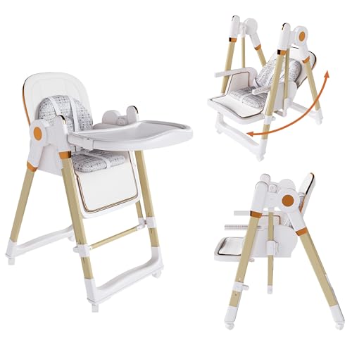 Image of Baby High Chair, Foldable High Chair for Babies and Toddlers with Wheels, Adjustable Highchair with 2 Seat Modes, Removable Dual Tray, PU Cushion, 5-Point Harness, White