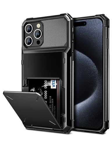 Vofolen for iPhone 15 Pro Max Case with Card Holder, 4-Card Dual Layer Heavy Duty Shockproof Wallet Case, Hidden Flip Card Slot Protective Hard Back Cover for iPhone 15 Pro Max, 6.7\'\' Black