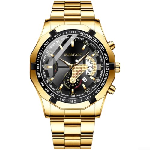Image of Rackumic Men's Quartz Watch with Stainless Steel Strap 45mm Large Date Display Casual Sports Wristwatch for Daily Wear Available in Gold Silver Black Colors(Gold Black)