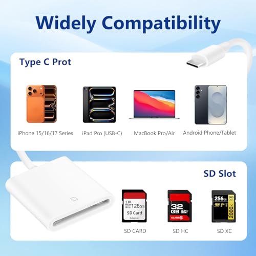USB C SD Memory Card Reader, Type C Camera Adapter Trail Viewer for iPhone 17/ iPhone 16/15/ iPad MacBook/Air/Pro iMac/Samsung Galaxy Android (Whtie) by Htrenc - Image 6