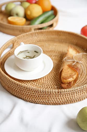 Hitomen Hand-Woven Round Rattan Serving Tray Decorative Ottoman Wicker Platter With Handles For Coffee Table, Breakfast, Drinks, Snack, Bread, Fruit, Vegetables (L-14.2'') #TOP1