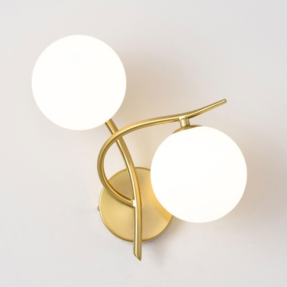 Modern Gold Wall Sconce, 2-Light Branch Vanity Lamp with Frosted Glass Globes, Mid Century Art Deco Mounted Wall Light for Bathroom Mirror, Bedroom, Living Room, Hallway Parlor(Medium)