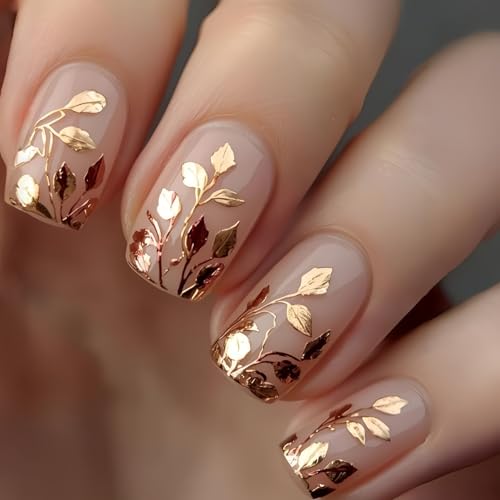 Gold Embossed Leaves Press on Nails Short Square Fake Nails Leaf French False Nail Design Gold Leaves Glossy Acrylic Nails for Women Girls DIY Manicure Decoration 24Pcs