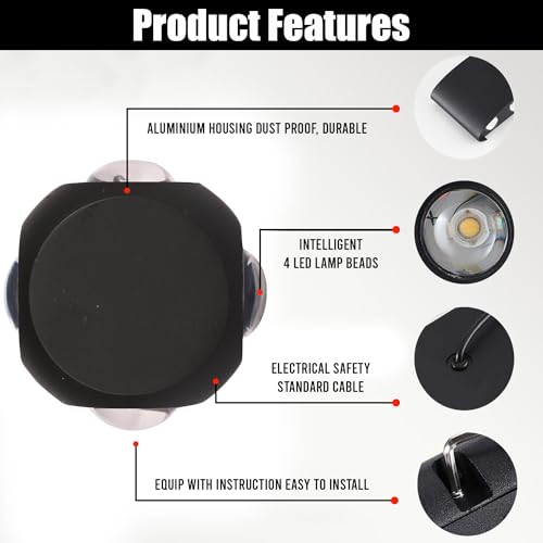 Image of GIGAWATTS 4W 4 Way LED Wall Light Up Down Left Right BIS IP65 Lamp Modern Outdoor Shockproof Black Body Fixture for Home Garden Decor Lightning (Pack of 1, Warm White)