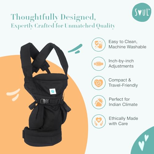Image of Soulslings 4-in-1 Lali Baby Carrier Bag, 100% Cotton - Black | Compact & Lightweight (400g) | Adjustable for 0-24 Months (4-15kg) | Machine Washable & Handwashable | Breastfeeding Friendly |