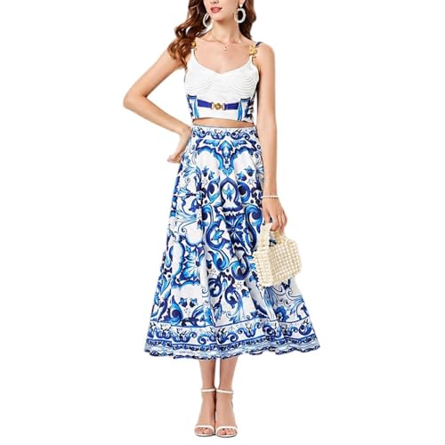 Ensemble jupe et caraco bleu blanc vintage pour femme chic