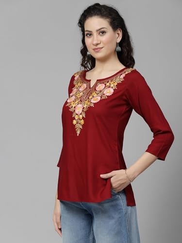 Image of QAZMI Women's Rayon Cotton Straight Keyhole Neck Three-Quarter Sleeves Israa Kashmiri Embriodered Short Kurti
