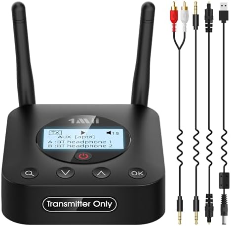 1Mii B06TX+ Long Range Bluetooth 5.3 Transmitter for TV/PC/Projector to 2 Wireless Headphones/Speakers, Bluetooth Adapter for TV w/Screen Display Plug n Play, aptX Low Latency & Adaptive & HD Audio