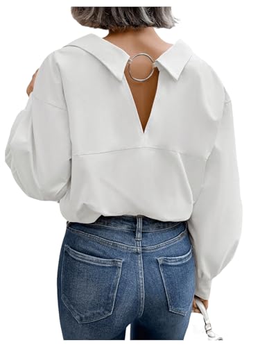 SweatyRocks Women's Cut Out Back Button Down Collared Blouses Long Sleeve Shirt Tops