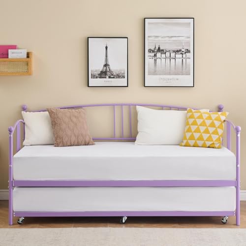GarveeHome Daybed with Trundle, Sturdy Metal Day Bed with Steel Slat Support, Trundle Bed Twin with Arched Headboard, SofaBed for Living Room, Bedroom