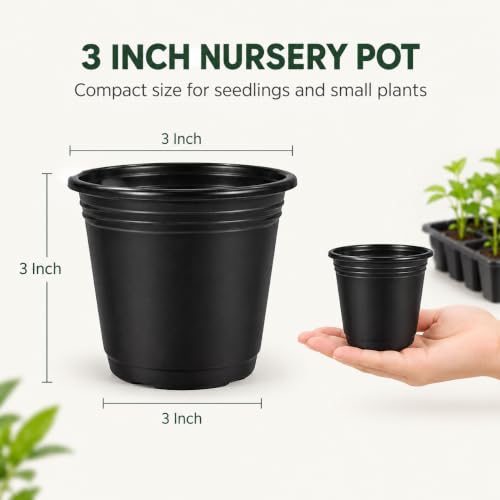 Image of Plastic Flower Pots 3 Inch | Black Nursery Plant Pots for Indoor & Outdoor Gardening | Lightweight, Durable Pots with Drainage for Seeds, Succulents & Saplings | Pack of 25