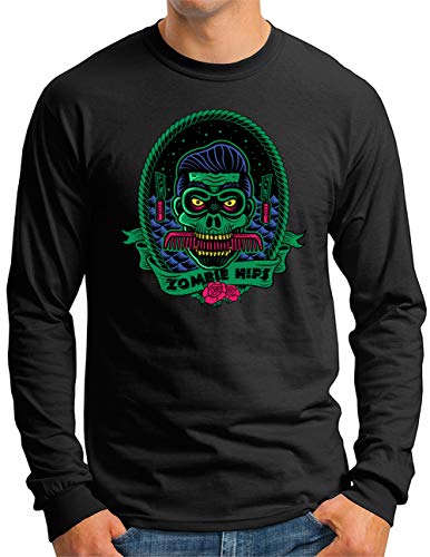 T-shirt manches longues OM3 imprimé zombie rockabilly skull noir